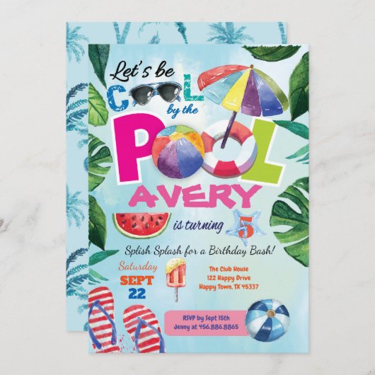 Poolfeest verjaardagsuitnodiging voor Kind kindere Kaart (Voorkant / Achterkant)