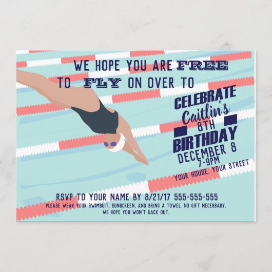 poolpartij zwemmer zwemwedstrijd uitnodigen kaart (Voorkant)