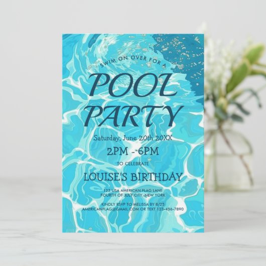 Poolparty I Lichtblauw Water Uitnodiging (Staand voorkant)