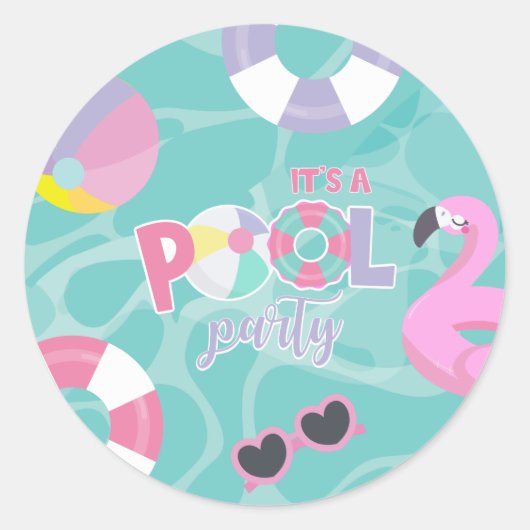 Poolparty Meisje Roze en Paarse Verjaardag Ronde Sticker (Voorkant)
