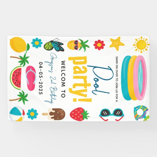 poolparty | Modern zomerthema Verjaardag Spandoek (Horizontaal)