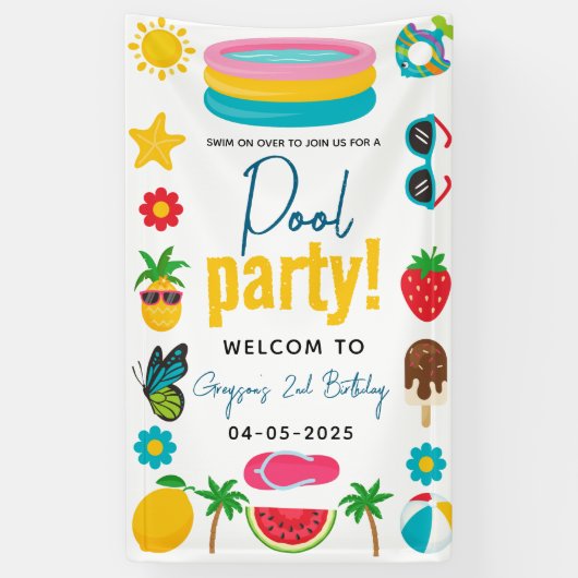 poolparty | Modern zomerthema Verjaardag Spandoek (Verticaal)