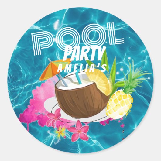 poolparty | Tropisch verjaardagsfeest Ronde Sticker (Voorkant)
