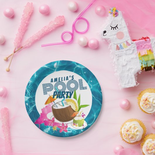 poolparty | Tropisch verjaardagsfeestje Beach Part Papieren Bordje (Feest)