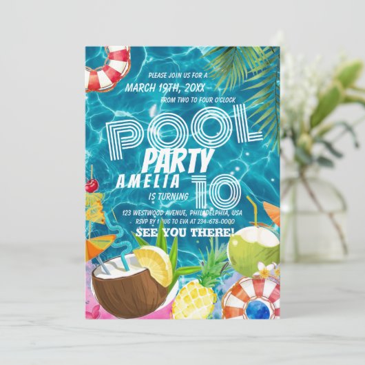 poolparty | Tropische uitnodiging voor verjaardags (Staand voorkant)