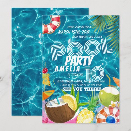 poolparty | Tropische uitnodiging voor verjaardags (Voorkant / Achterkant)