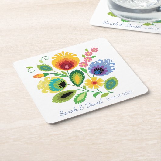 Pools Folk Bloemen Geel Bruiloft Kartonnen Onderzetters (Schuin)