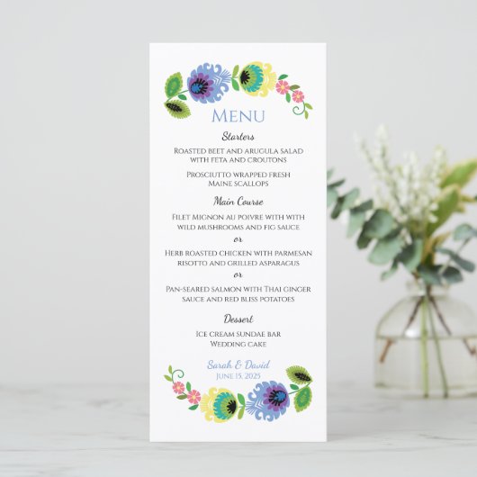 Pools Folk Bloemen Geel Bruiloft Menu (Staand voorkant)