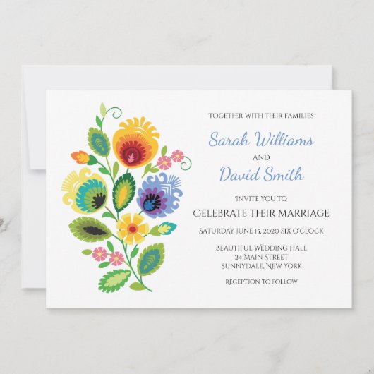 Pools Folk Bloemen Geel Bruiloft Uitnodiging (Voorkant)