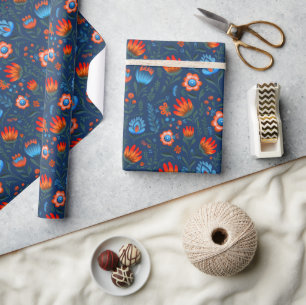 Pools Folk Bloemen Wycinanki Blauw Cadeaupapier