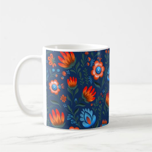 Pools Folk Bloemen Wycinanki Blauw Koffiemok (Links)