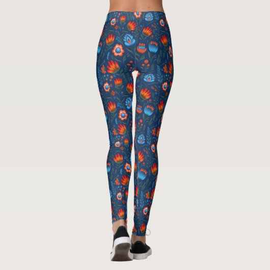 Pools Folk Bloemen Wycinanki Blauw Leggings (Achterkant)