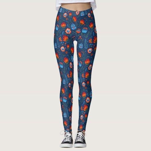 Pools Folk Bloemen Wycinanki Blauw Leggings (Voorkant)