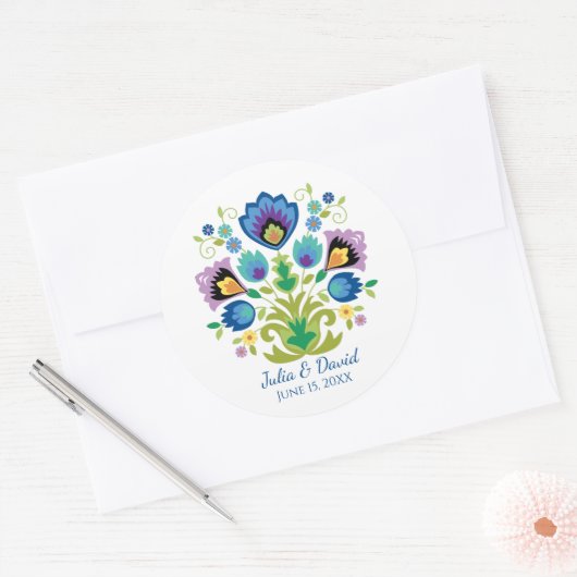 Pools Folk Flowers Blue Lavender Ronde Sticker (Envelop)