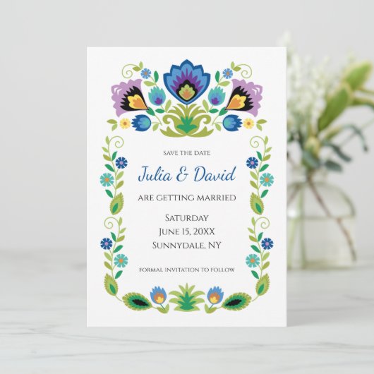 Pools Folk Flowers Blue Lavender Save The Date (Staand voorkant)