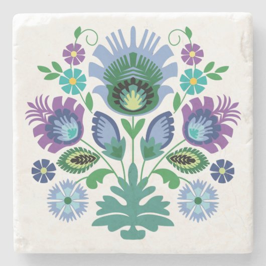 Pools Folk Flowers Light Blue Stenen Onderzetter (Voorkant)