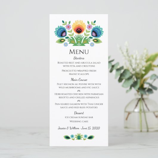 Poolse Folk Bloemen Lavendel en Geel Menu (Staand voorkant)