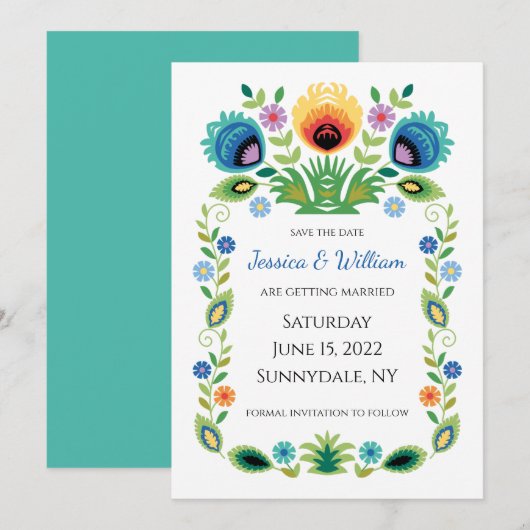 Poolse Folk Bloemen Lavendel en Geel Save The Date (Voorkant / Achterkant)