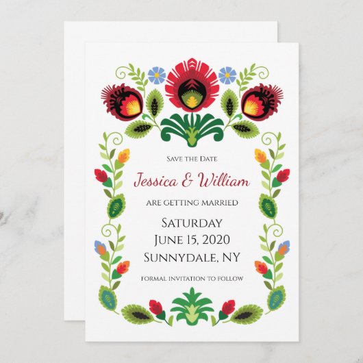 Poolse Folk Flowers Red Save the Date Card (Voorkant / Achterkant)
