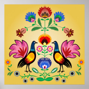 Poolse folk met decoratieve bloemen en cokerels poster