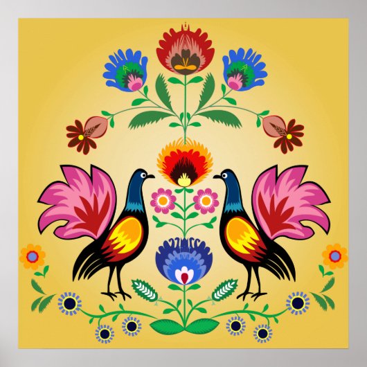 Poolse folk met decoratieve bloemen en cokerels poster (Voorkant)