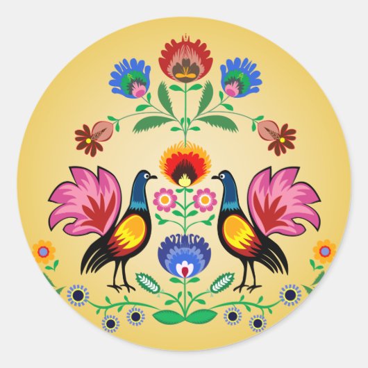 Poolse folk met decoratieve bloemen en cokerels ronde sticker (Voorkant)