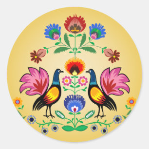 Poolse folk met decoratieve bloemen en cokerels ronde sticker