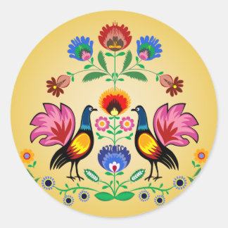 Poolse folk met decoratieve bloemen en cokerels ronde sticker
