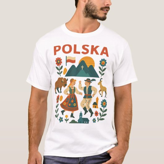 Poolse Folk Mountain Flat Kunst T-shirt (Voorkant)