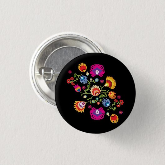 Poolse folklore met roze bloemen ronde button 3,2 cm (Voorkant /achterkant)