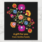 Poolse folklore met roze bloemen wijn etiket (Enkel label)