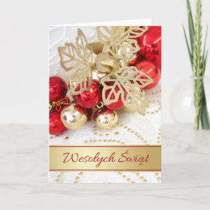 Poolse Kerst Rood Goud Baubles Bladeren Feestdagen Kaart