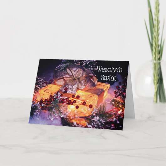 Poolse Kerstmis Groet Elegant Gift Met Boog Feestdagen Kaart (Voorkant)