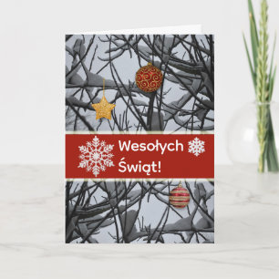Poolse kerstversiering op besneeuwde takken feestdagen kaart
