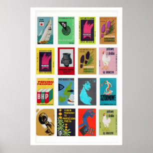 Poolse luciferdoosje label rasterprint, vintage ep poster