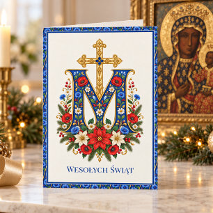 Poolse Marian Monogram Volkse Bloem Kerstmis Feestdagen Kaart
