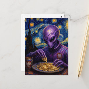 Poolse Paarse Alien die Pierogies eet Sterrennacht Briefkaart