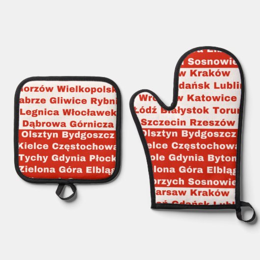 Poolse vlag kleuren met steden ovenwant & pannenlap set (Voorkant)