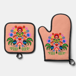 Poolse volkskunst - bloemenborduurpatroon ovenwant & pannenlap set