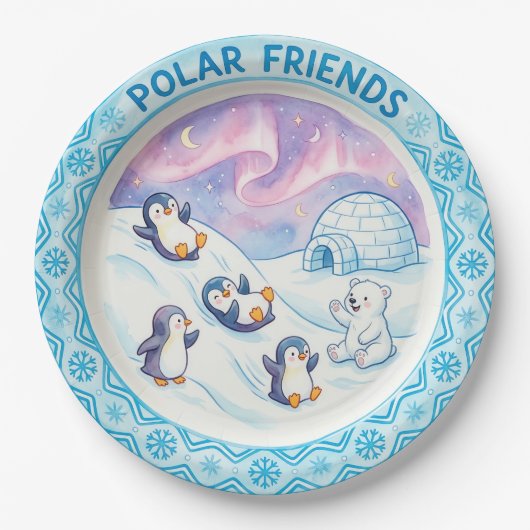 "Poolse Vrienden" Mooie Pinguïns & Ijsbeer Bord (Voorkant)