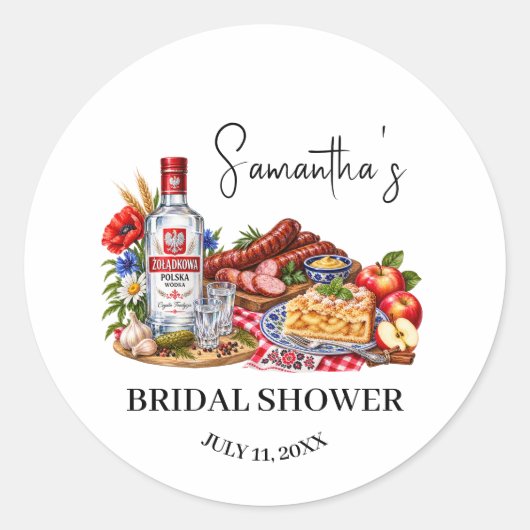 Poolse worst appelcake wodka bruiloft ronde sticker (Voorkant)