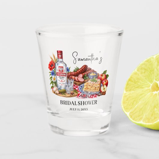 Poolse worstjes Appeltaart Wodka Bruidsuitnodiging Shot Glas (Voorkant)