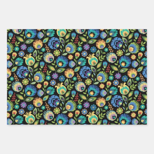 Poolse Wycinanki Bloemen op Zwart Inpakpapier Vel (Voorkant)