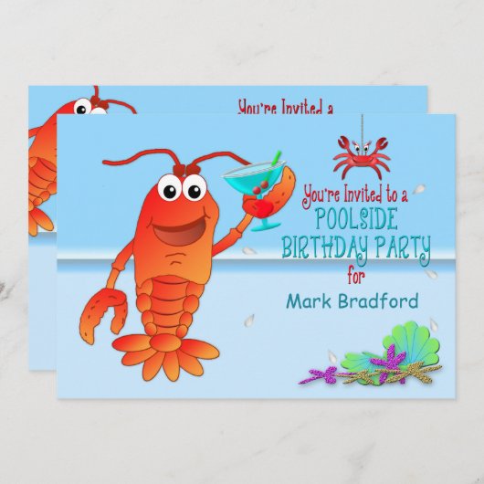 POOLSIDE BIRTHDAY PARTY INVITATION -Lobster/Drink Kaart (Voorkant / Achterkant)