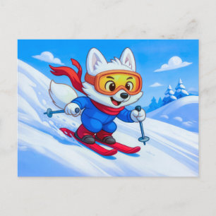 Poolvos die een besneeuwde berg af skiet briefkaart