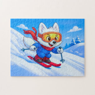 Poolvos die een besneeuwde berg af skiet legpuzzel