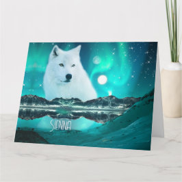 Poolwolf en magische nacht met noorderlicht kaart