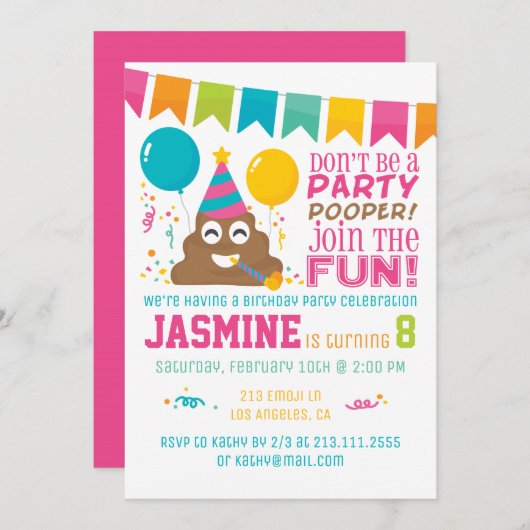 Poop Emoji Funny Birthday Party Invitation Kaart (Voorkant / Achterkant)