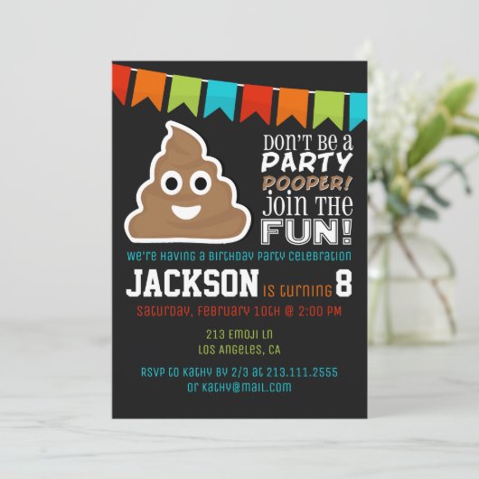 Poop Emoji Funny Boys Birthday Party Uitnodiging (Staand voorkant)
