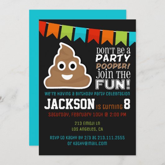 Poop Emoji Funny Boys Birthday Party Uitnodiging (Voorkant / Achterkant)